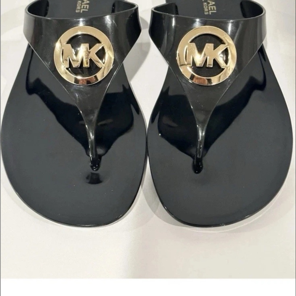 Michael Kors Glossy Black Sandals with Gold Emblem
